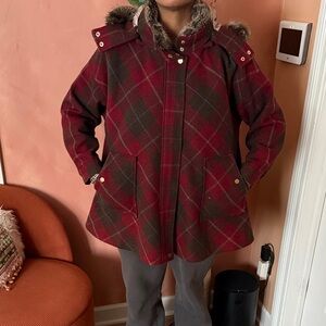 Joules Plaid Hooded CAPE wool Coat with Faux Fur Trim